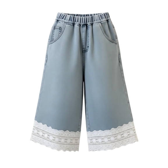 EnJoCho Girls Vintag𝖾 Lace Embroidery Hem Denim Wide Leg Pants Elastic Waist Casual Jeans Trousers Floral Decor Comfortable Fashion Stretch