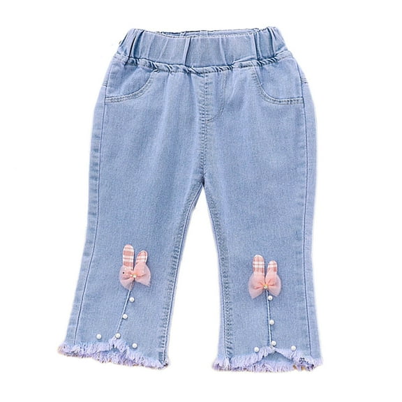 EnJoCho Girls Wide Leg Denim Pants Cute Butterfly Pearl Beaded Jeans Casual Elastic Waist Palazo Trousers Vintag𝖾 Fashion Comfort