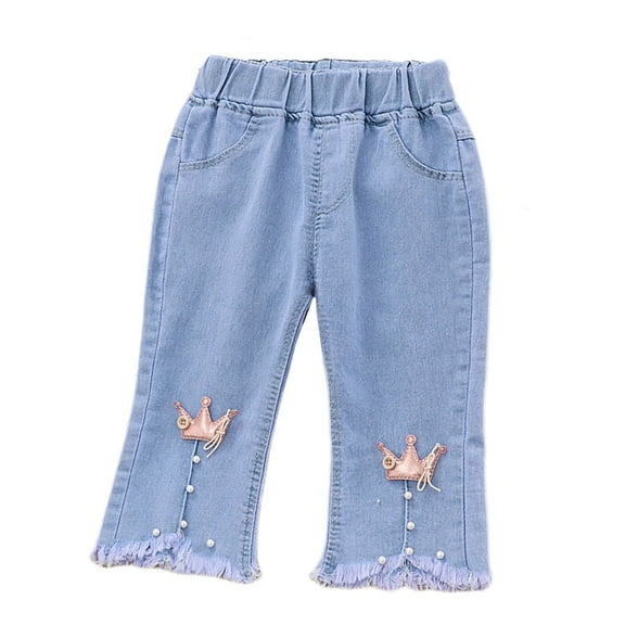 EnJoCho Girls Wide Leg Denim Pants Cute Butterfly Pearl Beaded Jeans Casual Elastic Waist Palazo Trousers Vintag𝖾 Fashion Comfort