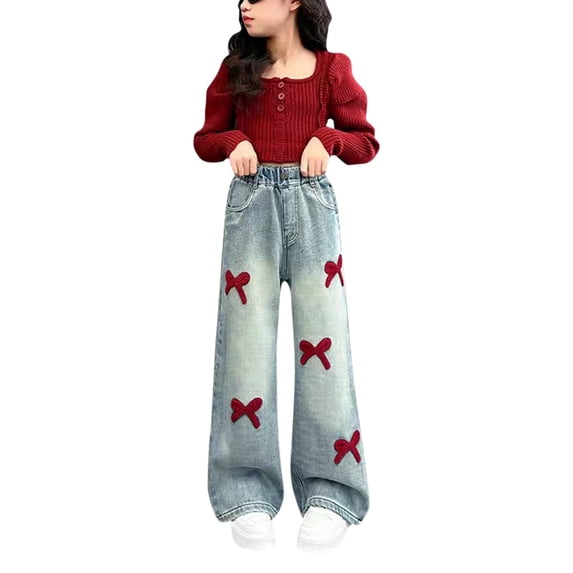 EnJoCho Girls Wide Leg Jeans Loose High Waist Bow Embroidery Denim Pants Skateboard Style Pocket Trousers For Kids Spring Fall Trendy Y2𝖪 Streetwear Casual Daily Outfit
