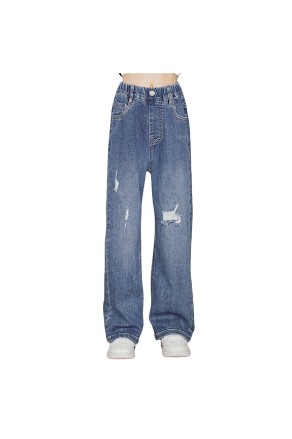 Girls Wide Leg Ripped Baggy Jeans Hole Straight Denim Pants Trendy High Elastic Waist Versatile Bottoms Trousers Kids Toddler Casual