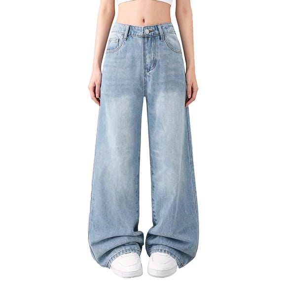 EnJoCho Girls Wide Leg Straight Jeans Baggy Casual Denim Pants Elastic Waist 𝖸2k Streetwear Trousers Summer Versatile Bottoms Loose Fit Jeans