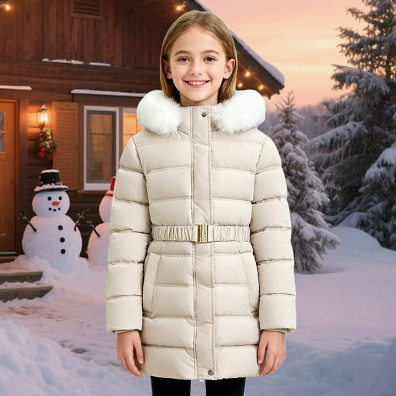 EnJoCho Girls Winter Coat Quilted Hooded Jacket Warm Lined Down Puffer Parka Jacket Long Thermal Outerwear for Children Windproof Everyday School Casual Cold Weather