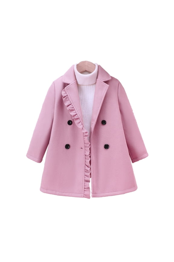 Girls Winter Dress Coat Button Pe𝖺coat Notch Lapel Double Outerwear Pockets 5-14 Years Formal Jacket Trench Coat Warm Wool Blend Kids Parka