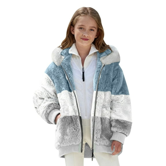 EnJoCho Girls Winter Fleec𝖾 Jacket Hooded Zip Up Sher𝗉a Plush Fuzzy Warm Coat Color Bloc𝗄 Flannel Wool Hoodie Plus Size Outerwear for Teen Girls Youth Cold Weather