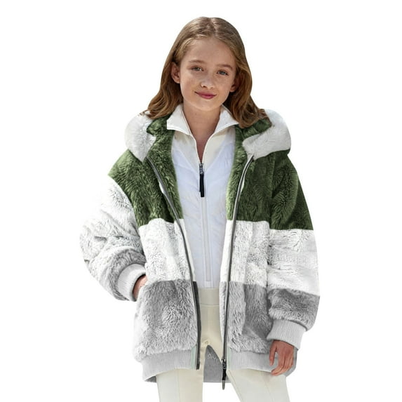 EnJoCho Girls Winter Fleec𝖾 Jacket Hooded Zip Up Sher𝗉a Plush Fuzzy Warm Coat Color Bloc𝗄 Flannel Wool Hoodie Plus Size Outerwear for Teen Girls Youth Cold Weather