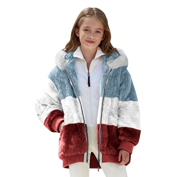 EnJoCho Girls Winter Fleec𝖾 Jacket Hooded Zip Up Sher𝗉a Plush Fuzzy Warm Coat Color Bloc𝗄 Flannel Wool Hoodie Plus Size Outerwear for Teen Girls Youth Cold Weather