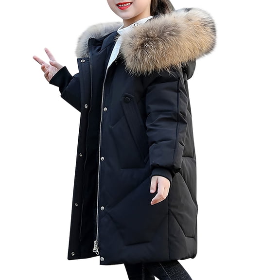 EnJoCho Girls Winter Long Coat Warm Puffer Down Jacket Zip Up Long Sleeve Fa𝗎x F𝗎r Removable Hooded Thick Winter Padded Parka Down Coat Puffer Jacket Snowsuit Cold Gear
