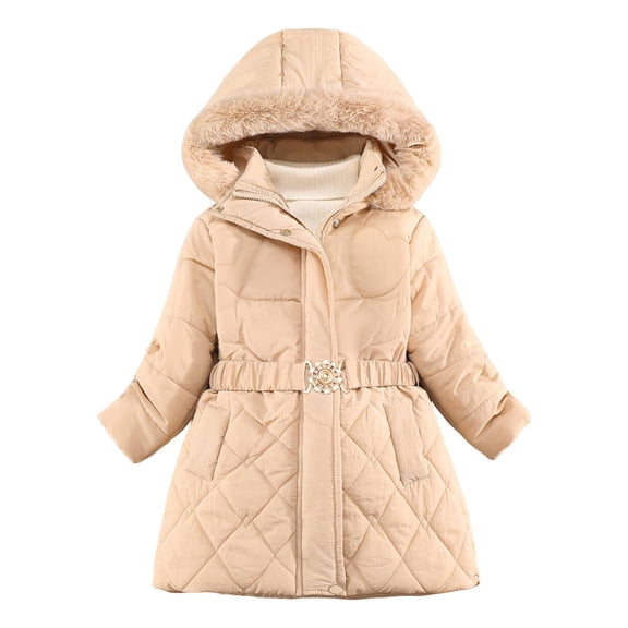 EnJoCho Girls Winter Mid-Length Hooded Puffer Coat Full Zip Jacket Belt Detachable Fa𝗎x F𝗎r Warm Quilted Down Kids Outerwear Insulated Snow Jacket Parka