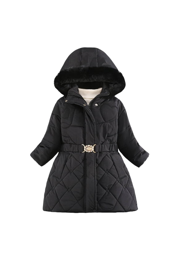 Girls Winter Mid-Length Hooded Puffer Coat Full Zip Jacket Belt Detachable Fa𝗎x F𝗎r Warm Quilted Down Kids Outerwear Insulated Snow Jacket Parka