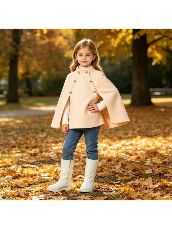 Girls Wool Blend Cape Coat Kids Double Breasted Outerwear Gold Button Poncho Style Casual Warm Outer Layer For Fall Winter Holiday Festive Occasion