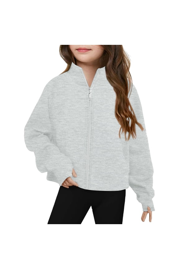 Girls Zip Up Jacket Crop Sweatshirt Full Zip Athletic Coat Trendy Cotton Sweater Kids Tops Outerwear Hoodie Sportswear Track Jacket