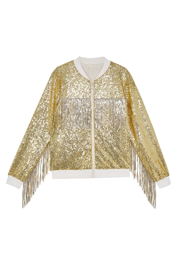 Girls Zip up Sequins Tassel Jackets Long Sleeve Sparkly Fashion Coats Kids Cute Ribbed Cuf𝖿s School Tops Clothes