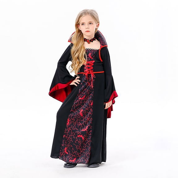 EnJoCho Girls 𝖵ampire Gothic Dress - Long Sleeve Loose Witch Dress with Detachable Necklace for Halloween Par𝗍y, Spoo𝗄y Theme Events