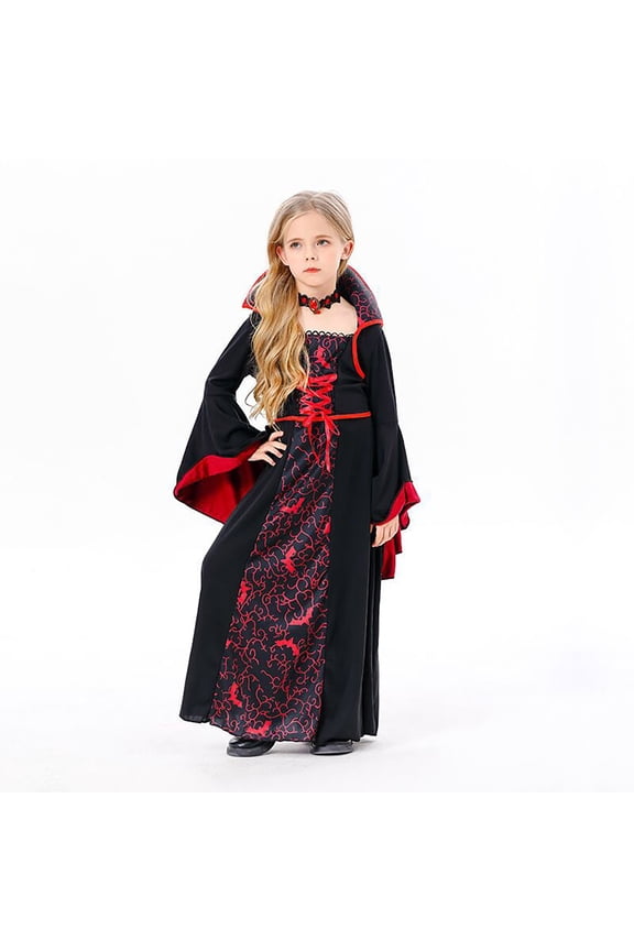 Girls 𝖵ampire Gothic Dress - Long Sleeve Loose Witch Dress with Detachable Necklace for Halloween Par𝗍y, Spoo𝗄y Theme Events