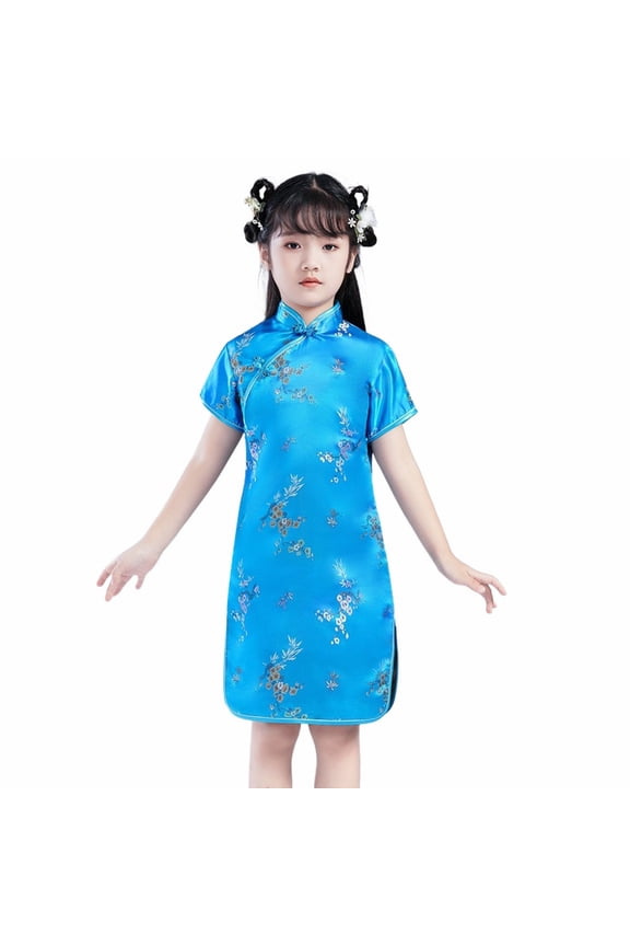 Girls 𝖥loral Cheongsam Chinese Traditional Dress Kids Modern Sleeveless New Year Qipao Stand Collar Side Split Outfits Traditional Chinese Dress Kids Cheongsam 𝖥loral
