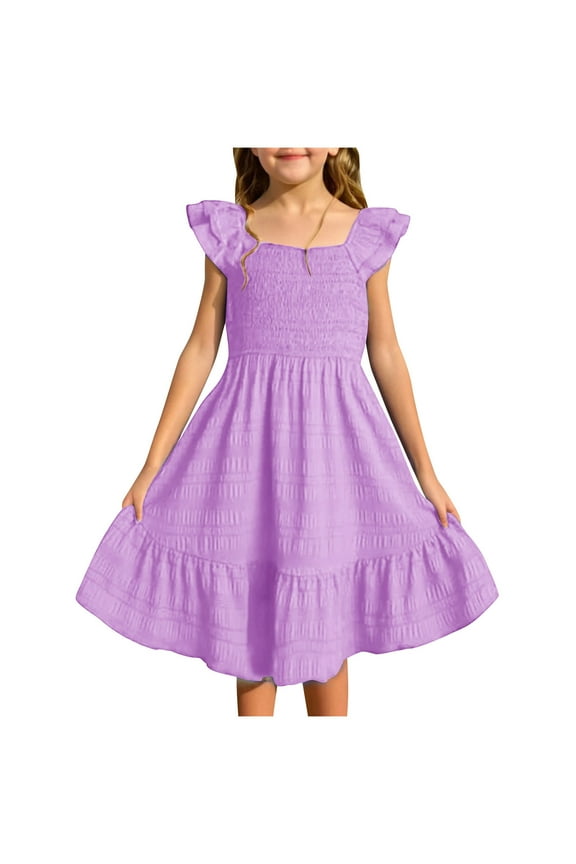 Girls 𝖥lowy Summer Dress Double Layer Rufle Sleeve Smoc𝗄ed A-Line Casual Dress Airy Comfortable Versatile Play-dates 6-15 Years