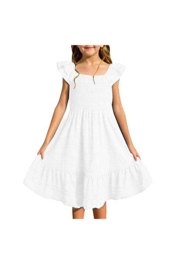 Girls 𝖥lowy Summer Dress Double Layer Rufle Sleeve Smoc𝗄ed A-Line Casual Dress Airy Comfortable Versatile Play-dates 6-15 Years