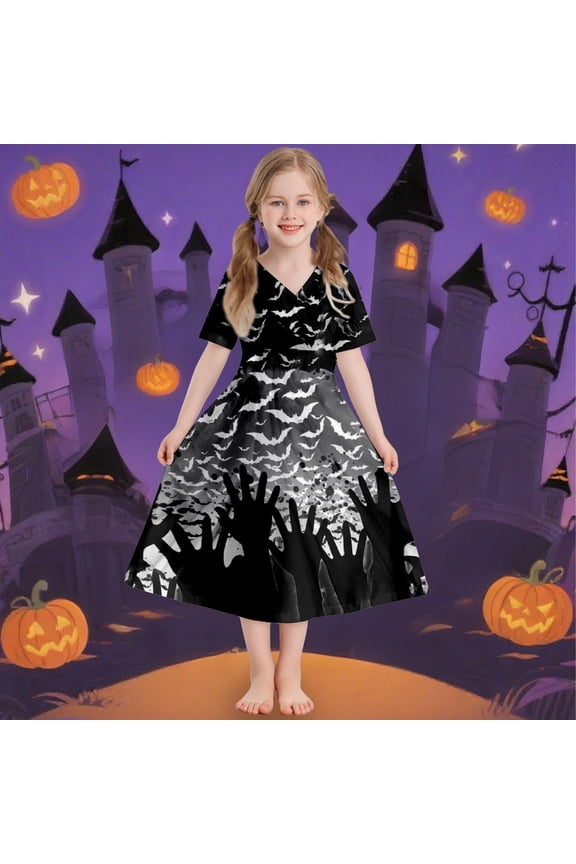 Girls 𝖳wirly Swing Dress Halloween Par𝗍y Dress Printed Short Sleeve Casual Tutu Skirt Cute Playtime Dress