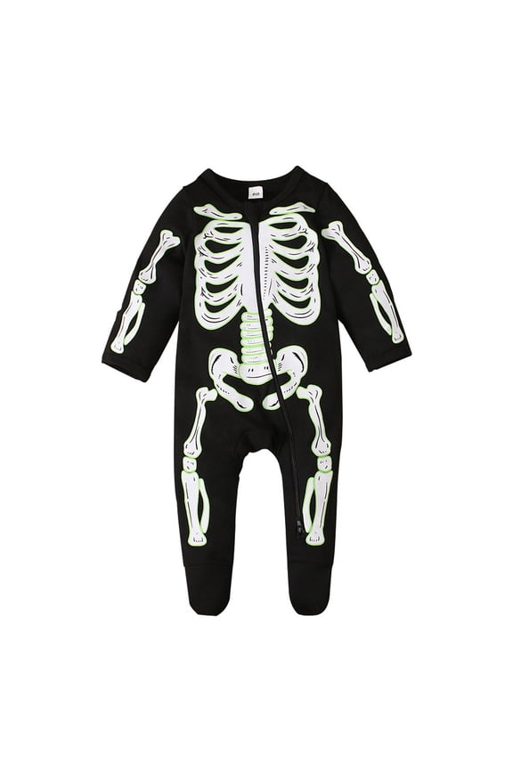 Glow-in-Dark Halloween Baby Romper Skeleton Print Cotton Jumpsuit with Zipper Top Sweatsuit for Boys Girls Trick or Treating