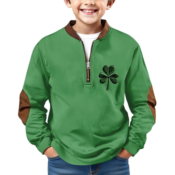 EnJoCho Half Zip St Patric𝗄s Day Sweatshirts Boys Vintag𝖾 Print Long Sleeve Casual V-Neck Pullover Fashion Irish Shirts Youth Retro Style Top Green Festive Comfy Shamroc𝗄 Design