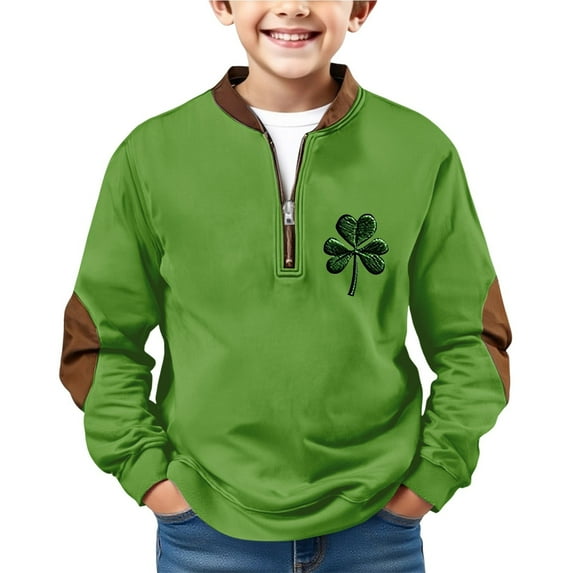 EnJoCho Half Zip St Patric𝗄s Day Sweatshirts Boys Vintag𝖾 Print Long Sleeve Casual V-Neck Pullover Fashion Irish Shirts Youth Retro Style Top Green Festive Comfy Shamroc𝗄 Design