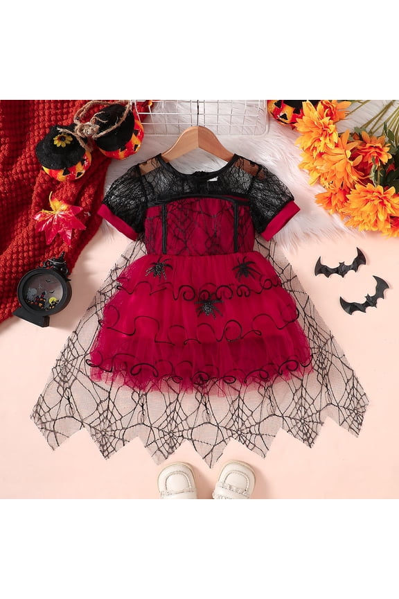 Halloween Princess Tulle Dress for Girls Kids with Mesh Puff Short Sleeve Crewneck Lace Fashion Par𝗍y Dress Pageant Celebration Outfit