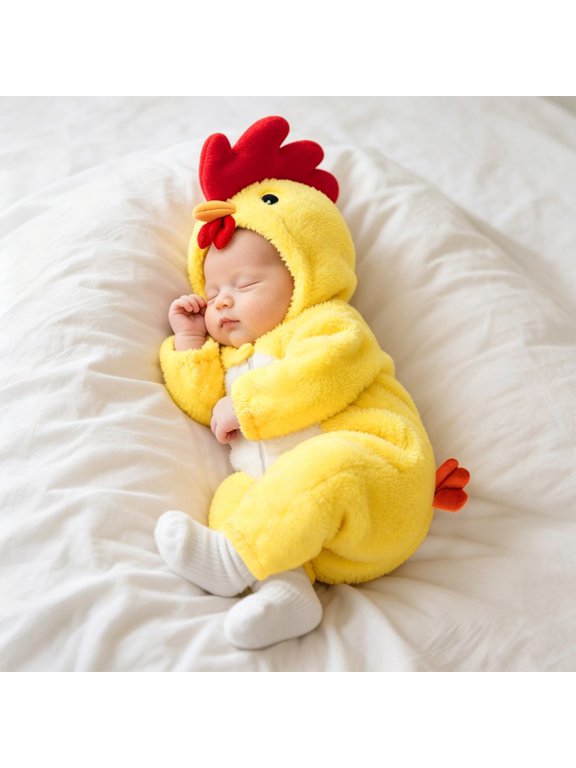 Hooded Coral Fleece Jumpsuit for Baby Boys Girls, Footed Plush Chick Animal Romper with 3D Comb Beak and Tail, Full Zip Newborn Winter Coverall