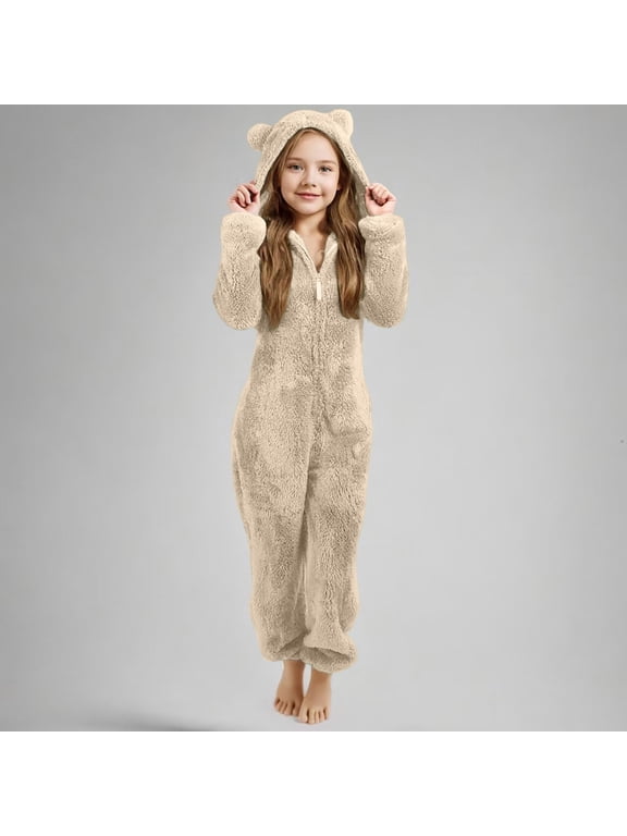 Hooded Fleece Jumpsuit for Girls, Zip-Up Plush Bear Ear Coverall, Long Sleeve Cozy Winter Play Outfit with Side Pockets for Toddler Kids 2-14 Years