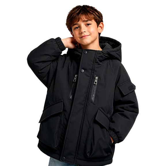 EnJoCho Hooded Padded Winter Cargo Coat for Boys Kids Multi Pocket Warm Outerwear with Full Zip Attached Hood Elastic Cuffs School Play Outfit Wear