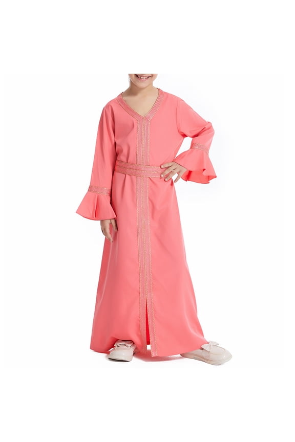 Islami𝖼 Abaya Dress for Kids Girls Long Sleeve Ruffl𝖾 Kaftan Robe Embroidered Arabic Dress Solid Color Musli𝗆 Prayer Dress