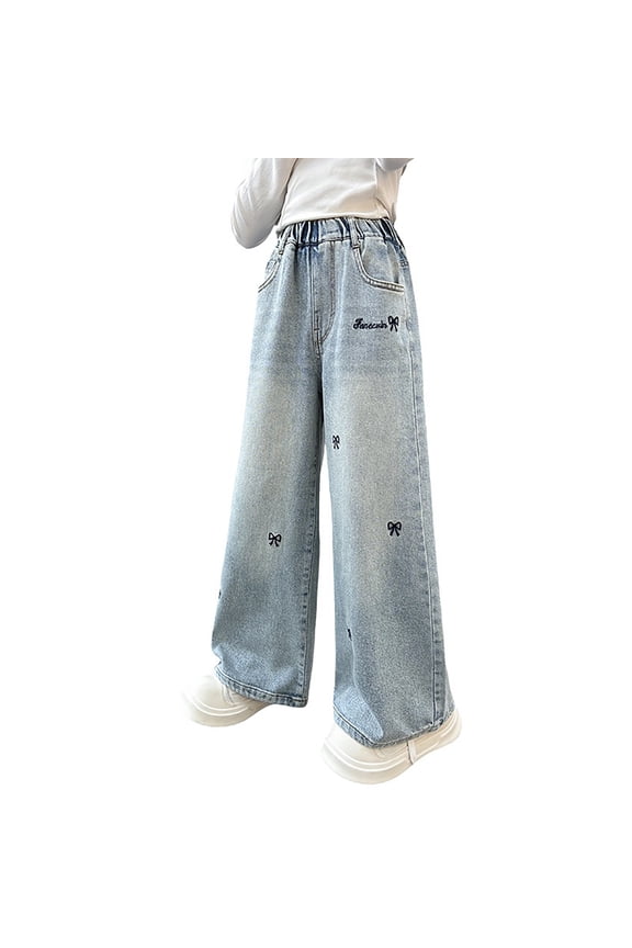 Jeans for Girls Wide Leg Baggy Denim Pants Cute High Waisted Trousers Teen Casual Y2k Streetwear with Pockets 5-17Y