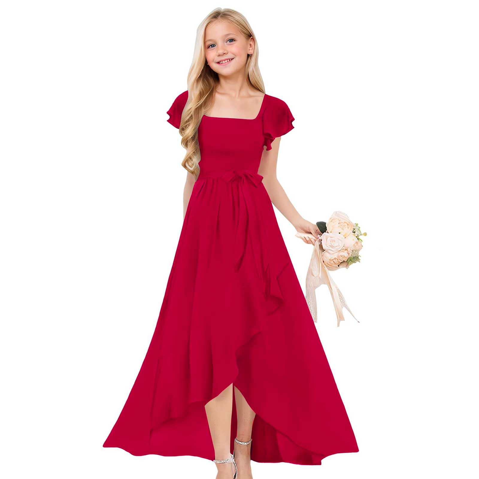 summer junior bridesmaid dresses EnJoCho Dress Dance Dress Teens Girls Maxi Dress Chiffon Flower Girls Cap Sleeve High Low Long Maxi A Line Wedding Pageant line skirt with pockets