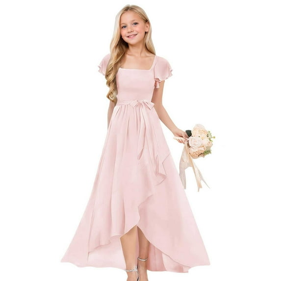 EnJoCho Junior Bridesmaid Dress Dance Dress Teens Girls Summer Maxi Dress Chiffon Flower Girls Cap Sleeve High Low Long Maxi A Line Wedding Pageant Dresses