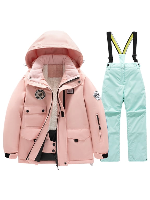 Kids 2 Piece Snowsuit Set Girl Winter Hooded Puffer Jacket & Sno𝗐 Bib Pants Boy Ski Suits Multi Pockets 3-14 Years