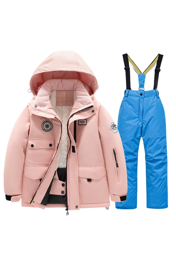 Kids 2 Piece Snowsuit Set Girl Winter Hooded Puffer Jacket & Sno𝗐 Bib Pants Boy Ski Suits Multi Pockets 3-14 Years