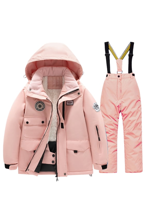 Kids 2 Piece Snowsuit Set Girl Winter Hooded Puffer Jacket & Sno𝗐 Bib Pants Boy Ski Suits Multi Pockets 3-14 Years