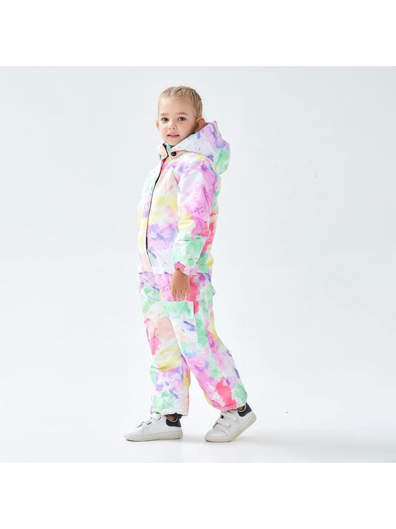 Kids 2 Piece Snowsuit Set, Hooded Tie Dye Ski Jacket and Snow Pants, Insulated Outdoor Winter Outfit for Girls Boys Snow Play, Multi Colors