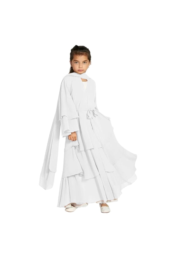 Kids Abayas Dress for Girls Musliš Dress with Hijab Chiffon Layered Islam Kaftan Robe Open Front Cardigan Prayer Dress Girls' Middle Easterš Dress