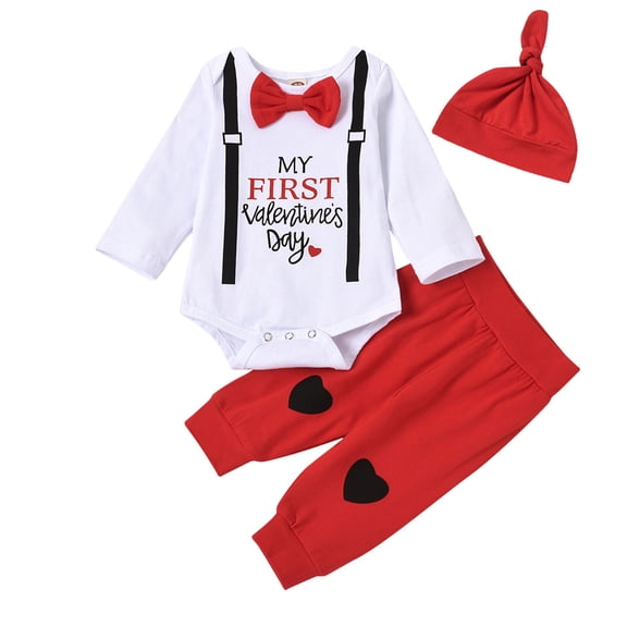 EnJoCho Kids Baby Boy Valentine’s Outfit Long Sleeve Letters 𝖱omper Pants Hat Set First Valentines Clothing Apparel Garment Bodysuit Holiday Celebration Gift
