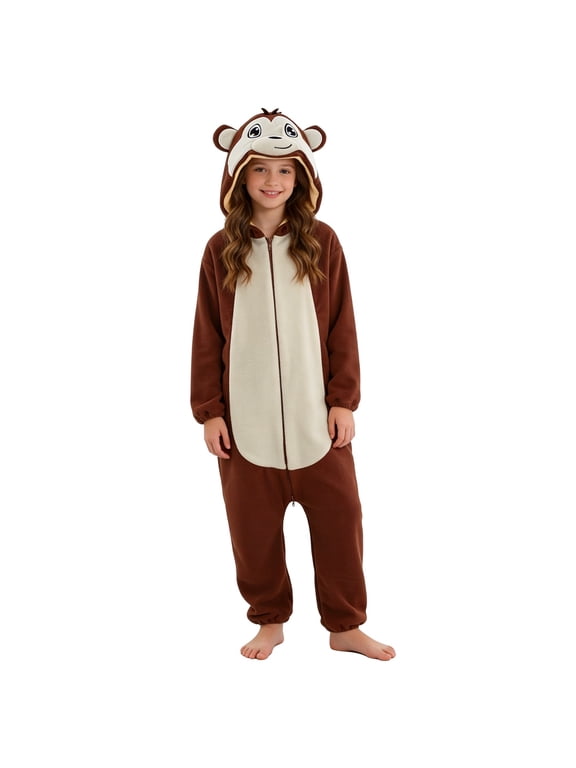 Kids Brown Monkey Hooded Jumpsuit, Soft Fleece Dress-Up Outfit with Face Hood, Ears, Cream Belly, Double-End Zipper and Elastic Cuffs for Play