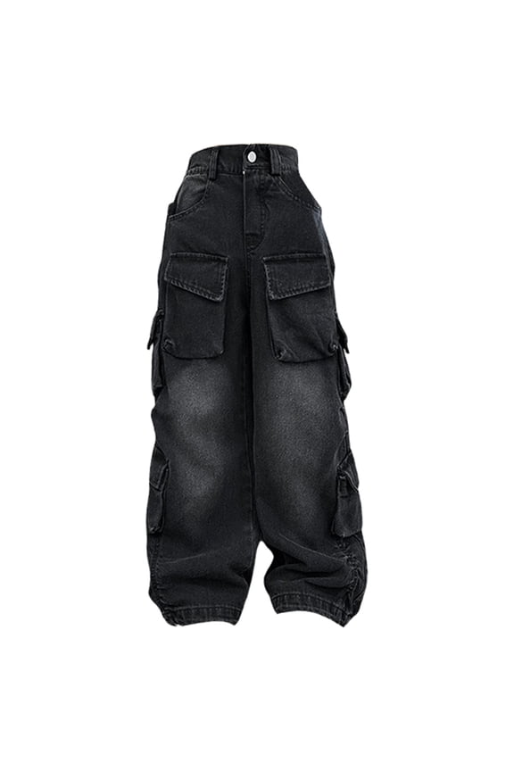 Kids Cargo Denim Jeans Straight Wide Leg Baggy Pants Girls Boys Casual Washed Black Trousers Hiphop Streetwear Elastic Waist Comfort Jeans Pants