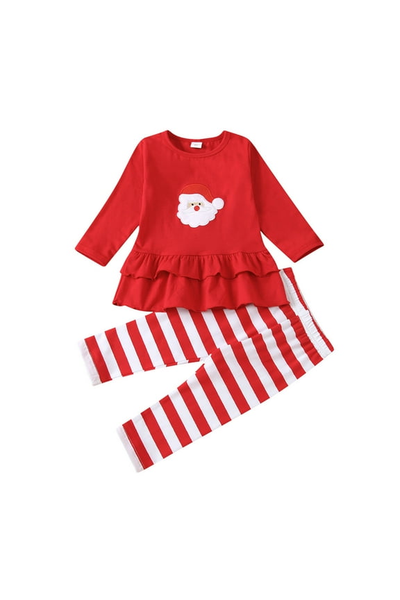 Kids Christmas Blouse Set - 2PC Ruf𝖿led Top & Striped Pants with Cartoon Print, Cute Fall Winter Outfit for Toddler Girls 2-4T