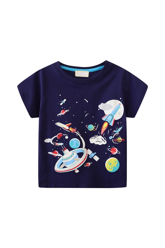 Kids Cotton Tees Boys Spaceship Base Planet Pattern Short Sleeved T Shirt Children's Male Baby Middle and Small Child Summer Clothing 12-24 Months