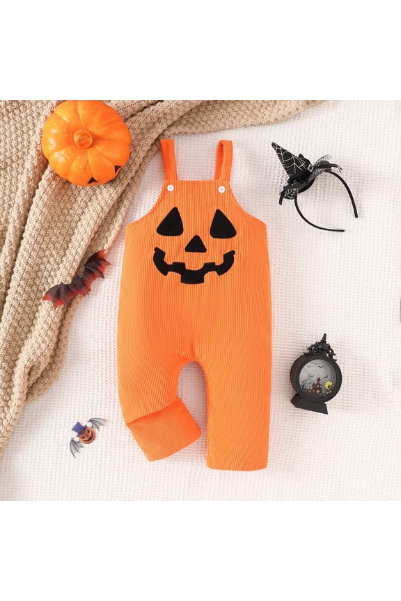 Kids Devil Jumpsuit Ribbed Knit Jumpsuit Pumpkin Sleeveless Romper Boys Girls Halloween Party Outfit Stretchy Soft Unisex Overalls