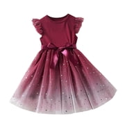 EnJoCho Kids Dress Baby Girls Bowknot Ruffle Short Sleeve Tulle Birthday Dresses Patchwork Party Dress Princess Dress Outfits Clothes Little Children Girl Summer Trendy Dress 4-5 Years