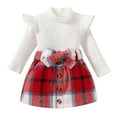 thumbnail image 1 of EnJoCho Kids Fall Outfit Toddler Girls Ruffles Long Sleeve Ribbed T Shirt Tops Plaid Prints Bow Tie Skirt Outfits Little Child Trendy Fall Winter Clothing Set, 1 of 9