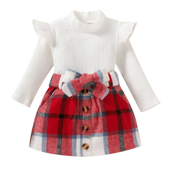 EnJoCho Kids Fall Outfit Toddler Girls Ruffles Long Sleeve Ribbed T Shirt Tops Plaid Prints Bow Tie Skirt Outfits Little Child Trendy Fall Winter Clothing Set