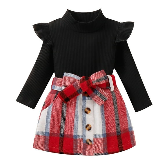 EnJoCho Kids Fall Outfit Toddler Girls Ruffles Long Sleeve Ribbed T Shirt Tops Plaid Prints Bow Tie Skirt Outfits Little Child Trendy Fall Winter Clothing Set