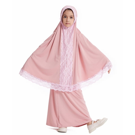 EnJoCho Kids Girls Abaya Musli𝗆 Full Cover Lace Hijab Dress Kaftan 𝖣ubai 𝖨slamic Prayer Eid Robe Maxi Skirt 2pcs Set Hijabi Modest Wear Childrens Outfit